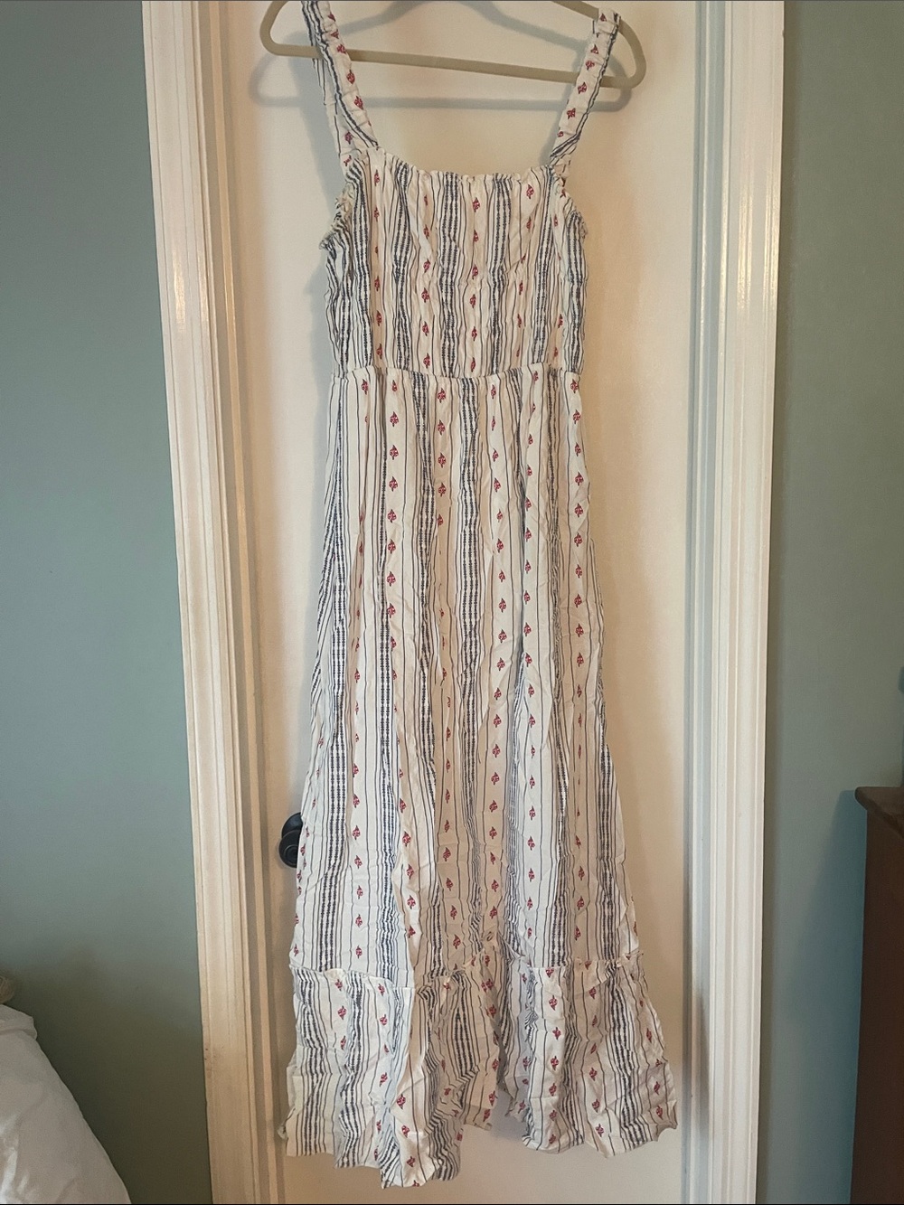 Japna White Maxi Dress with Navy Stripes & Red Motif